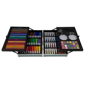 Imagen de Valija de arte infantil, 144 piezas, contiene lápices de colores, lápices negros, marcadores, acuarelas, pintura al agua, óleo pastel, varios accesorios, diseño dinosaurio