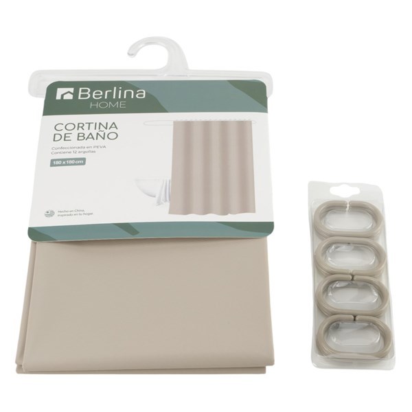 Imagen de Cortina de baño con 12 aros de plástico, de PEVA, BEIGE, Berlina home, en bolsa