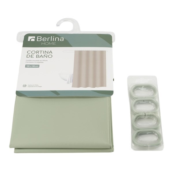 Imagen de Cortina de baño con 12 aros de plástico, de PEVA, VERDE CLARO, Berlina home, en bolsa