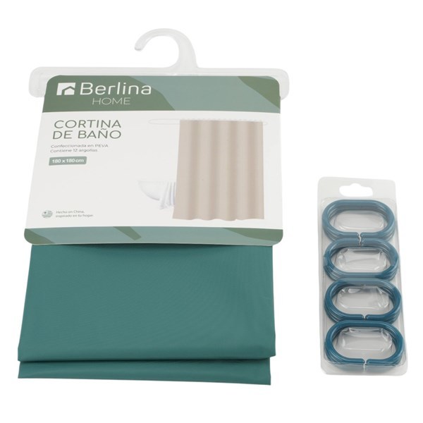 Imagen de Cortina de baño con 12 aros de plástico, de PEVA, VERDE OSCURO, Berlina home, en bolsa