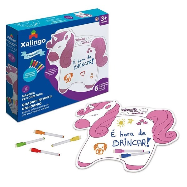 Imagen de Pizarra blanca de madera, unicornio con marcadores x6, XALINGO, en caja