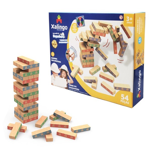 Imagen de Juego de mesa, torre para armar, 54 bloques de madera y ruleta de colores, en caja