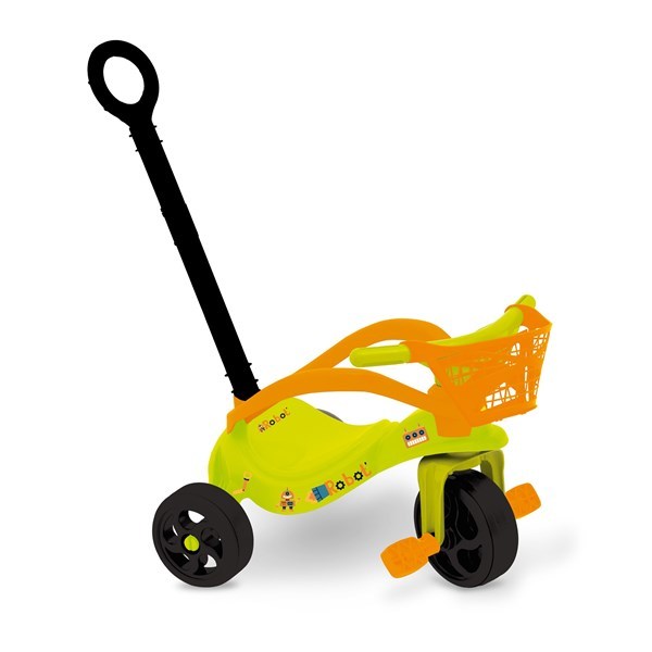 Imagen de Triciclo de plástico con barra y canasto, robot, XALINGO en caja