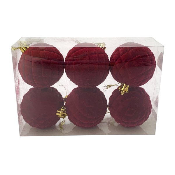 Imagen de Bolas navideñas x6 6cm, textura símil terciopelo ROJO, en caja