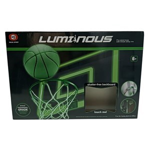 Imagen de Tablero de basket para pared, o sobre puerta, marco luminoso, brilla en la oscuridad, con pelota e inflador, en caja