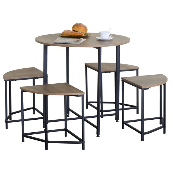 Imagen de Mesa redonda de hierro y MDF con 4 bancos, MARRON, en caja Berlina Home