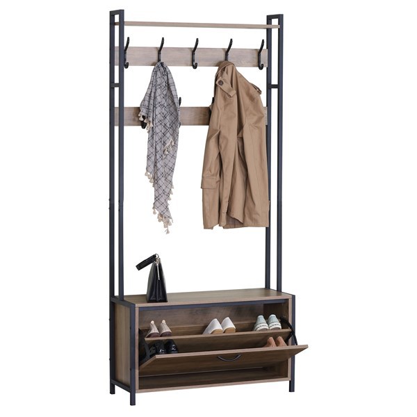 Imagen de Mueble perchero de hierro y MDF despojador, con zapatera, en caja Berlina Home
