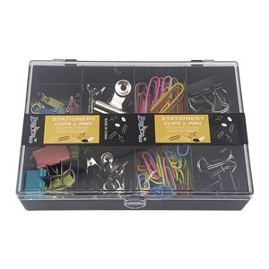 Imagen de Clips varios, pinzas negras, pinzas de metal y pinzas de colores, en caja