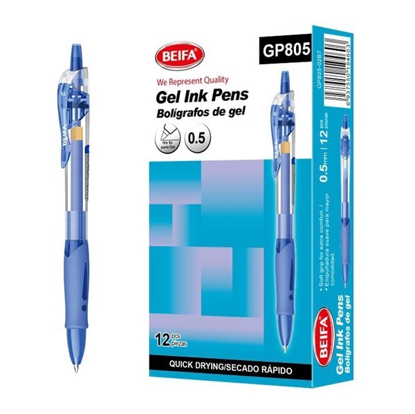Imagen de Lapicera de gel x12, AZUL, punta 0.5, retráctil, en caja BEIFA