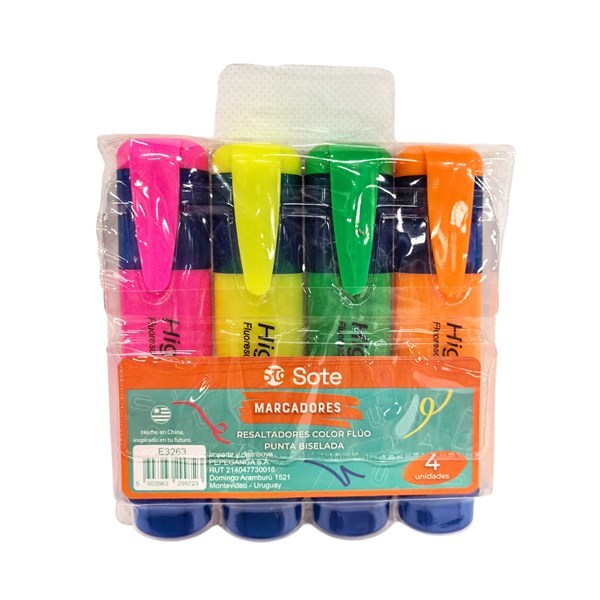 Imagen de Marcador resaltador flúo x4, SOTE, en estuche de PVC