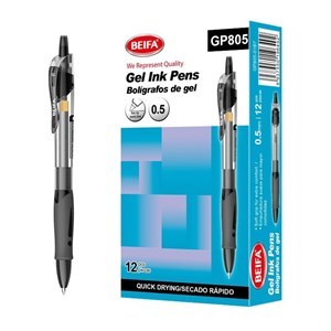 Imagen de Lapicera de gel x12, NEGRO, punta 0.5, retráctil, en caja BEIFA