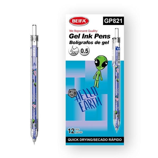 Imagen de Lapicera de gel x12, AZUL, punta 0.5, retráctil con diseño infantil, en caja BEIFA