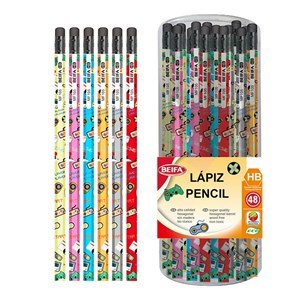 Imagen de Lápiz negro HB x48, con goma, hexagonal, con diseño, en tubo de plástico BEIFA