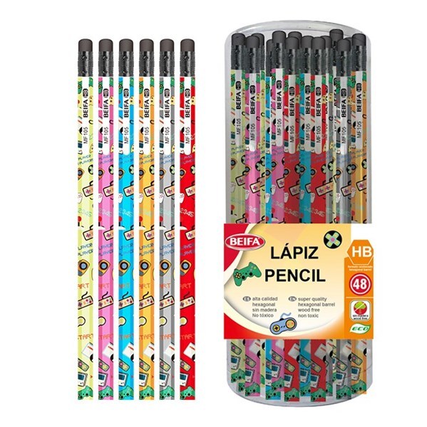 Imagen de Lápiz negro HB x48, con goma, hexagonal, con diseño, en tubo de plástico BEIFA