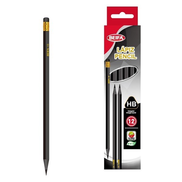 Imagen de Lápiz negro HB x12, con goma, triangular, en caja BEIFA