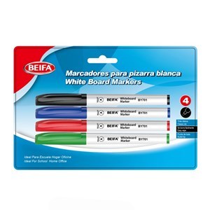 Imagen de Marcador de pizarra x4, colores, punta redonda, en blister BEIFA