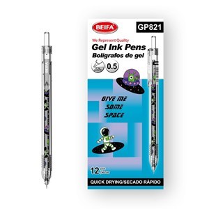 Imagen de Lapicera de gel x12, NEGRO, punta 0.5, retráctil con diseño infantil, en caja BEIFA