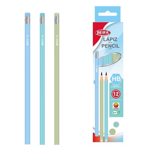 Imagen de Lápiz negro HB x12, con goma, hexagonal, en caja BEIFA