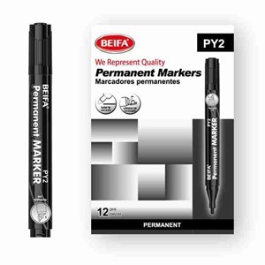 Imagen de Marcador permanente x12, NEGRO punta redonda, recargable, en caja BEIFA