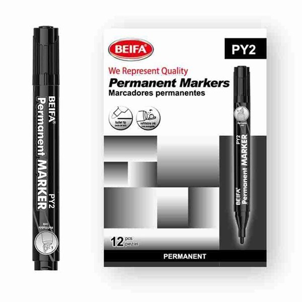 Imagen de Marcador permanente x12, NEGRO punta redonda, recargable, en caja BEIFA