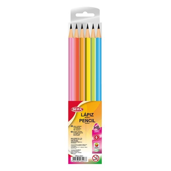 Imagen de Lápiz negro HB x6, con goma, triangular metalizado, en blister BEIFA