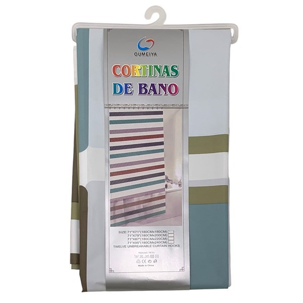 Imagen de Cortina de baño con 12 aros de plástico, de PEVA, varios diseños, en bolsa