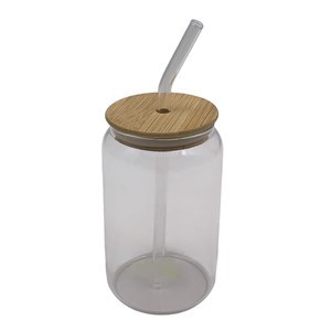 Imagen de Vaso con sorbito, de vidrio 400ml, tapa de bambú, en caja