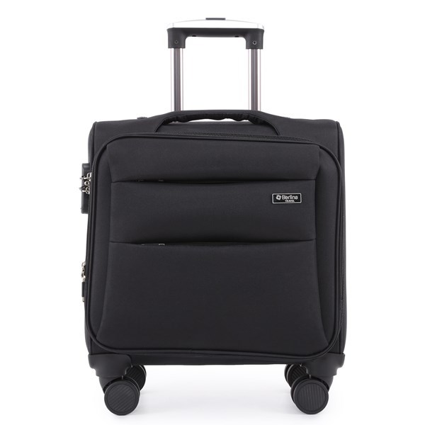 Imagen de Valija Berlina NEGRO, semi rígida, carry on, ruedas omnidireccionales 360, manija telescópica, tranca numérica, correa para ajustar ropa, bolsillo interior con cierre y bolsillos exteriores