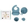 Imagen de Babero con receptor de alimentos, bowl, cubiertos, vaso con tapa y plato de silicona, 6 piezas, en caja, varios colores