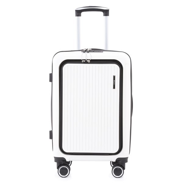 Imagen de Valija Berlina chica BLANCO, rígida, carry on, con bolsillo exterior para laptop, ruedas omnidireccionales 360, manija telescópica, tranca numérica, correa para ajustar ropa, bolsillo interior con cierre