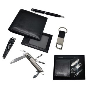 Imagen de Billetera de caballero de PU, con alicate, llavero, lapicera y navaja, en caja