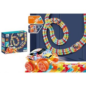 Imagen de Pista flexible flúo con ventosas para fijar a vidrios, auto con luz, 95 piezas, 3AAA en caja