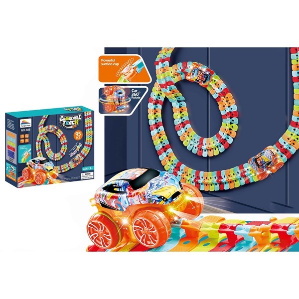 Imagen de Pista flexible flúo con ventosas para fijar a vidrios, auto con luz, 95 piezas, 3AAA en caja