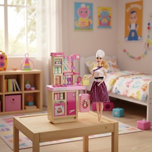 Imagen de Muñeca articulada, con accesorios de cocina, en caja
