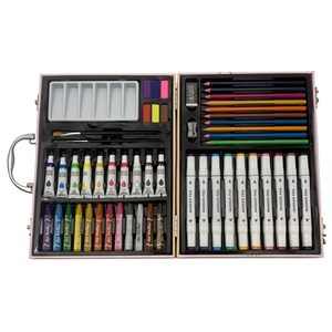 Imagen de Valija de arte infantil, 53 piezas, contiene lápices de colores, marcadores doble punta, pinturas al agua, acuarelas, óleo pastel y accesorios, varios diseños