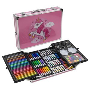 Imagen de Valija de arte infantil, 144 piezas, contiene lápices de colores, lápices negros, marcadores, acuarelas, pintura al agua, óleo pastel, varios accesorios, diseño unicornio