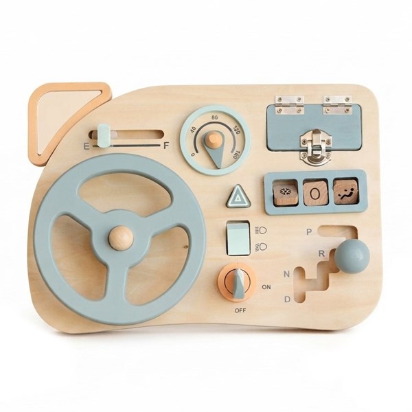 Imagen de Didáctico panel multisensorial, con volante de madera, en caja