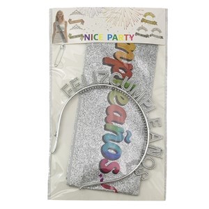 Imagen de Banda Feliz Cumpleaños con tiara, en bolsa, varios colores