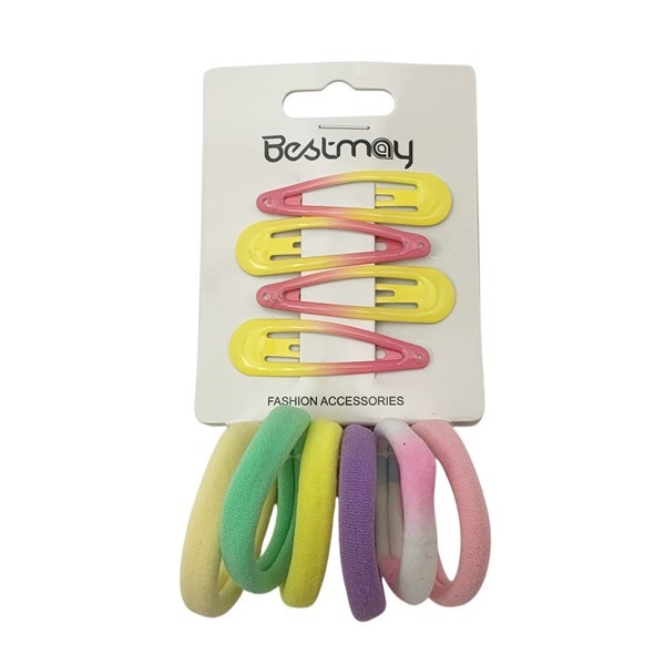 Imagen de Gomitas para pelo x6 con broches x4, en cartón, PACK x12, varios colores